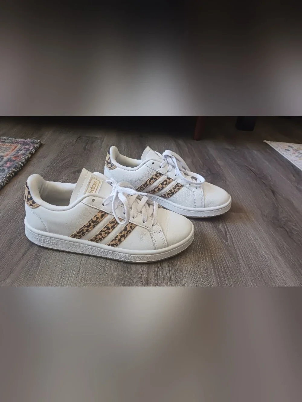 adidas White Sneakers with Leopard-Print Stripes, W Size 8.5 - Picture 2 of 11